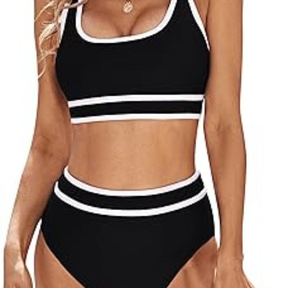 BLACK AND WHITE COLORBLOCK TANK TOP HIGH WAIST BIKINI SET SIZE XL NWT